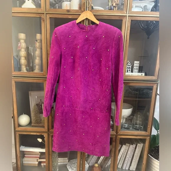 Vintage Daniel Leather Long Sleeve Fuchsia Suede Shift Dress with Stud Detail - Picture 2 of 13